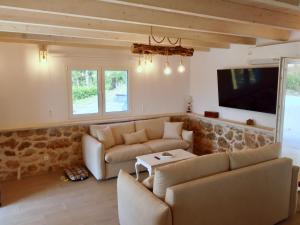 a living room with two couches and a tv at Private Villa Maothis in Corfu