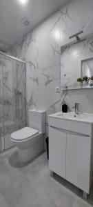 a bathroom with a toilet and a shower and a sink at Casa das Olarias in Castelo Branco +27 photos