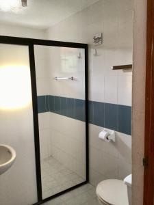a bathroom with a shower with a toilet and a sink at Hotel Villa Tulipanes in Zihuatanejo +13 photos