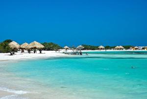 a beach with some straw umbrellas and the ocean at Aruba Sunrise Studio Near Baby Beach, San Nicolas in San Nicolas