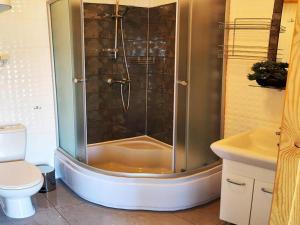 a bathroom with a shower with a toilet and a sink at Comfortable holiday homes with terraces in Przewłoka +18 photos