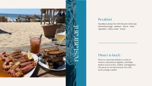 a page of a book with a plate of food on the beach at Seavia Camp in Nuweiba