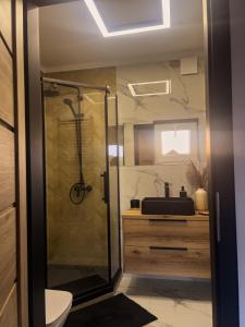 un baño con ducha y lavabo en Domki Kwiatowe N05 - Łeba - Nowęcin, en Nowęcin