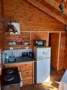 una cucina con un frigorifero bianco e una stufa di Cabañas Diamante a Gualeguaychú