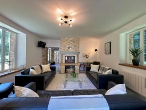 a living room with couches and a fireplace at gite de la faisanderie in La Chapelle-Rablais