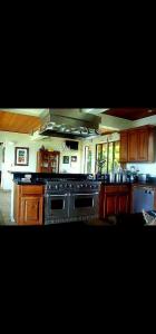 a kitchen with a stainless steel stove and wooden cabinets at Casa Diane Hatillo in Hatillo