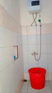 a red bucket in a bathroom with a shower at Villa Highland 9O Berastagi View in Berastagi +12 photos