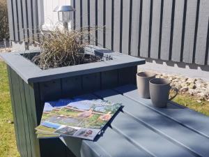 a blue table with a planter with a plant at 8 person holiday home in Farsø-By Traum in Ertebølle