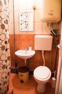 Baño pequeño con aseo y lavamanos en The Comfy Hostel, en Skopje