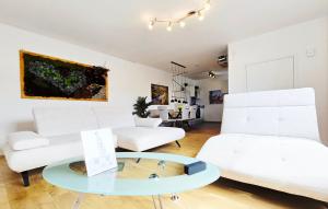 a living room with white furniture and a glass table at 15 Min Center Terrace BBQ Luxury Cinem Quiet in Trierweiler