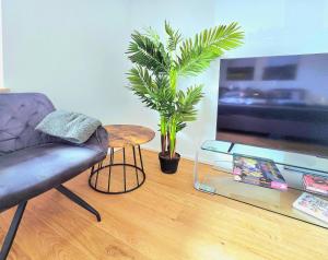 a living room with a chair and a potted plant at 15 Min Center Terrace BBQ Luxury Cinem Quiet in Trierweiler