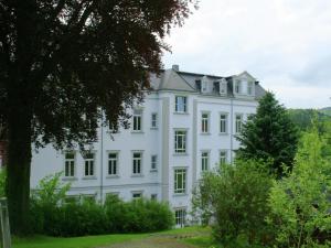 a white house with trees in front of it at Elegant Villa in Borstendorf in Grünhainichen