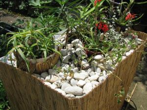 a garden with rocks and plants in a basket at Apartment Sea Garden in Ičići