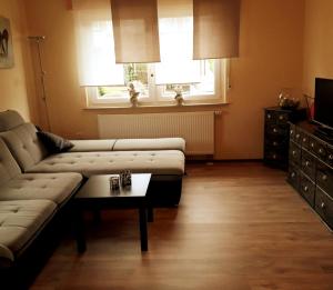 a living room with a couch and a coffee table at Ferienhaus Brit in Albstadt
