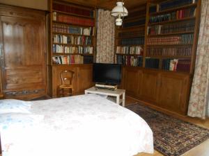 a bedroom with a bed and a television and bookshelves at Abbaye Laïque Le Bastion Labbadie in Saint-Abit