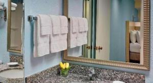 a bathroom with a sink and a mirror and towels at Chicago - Lombard in Highland Hills