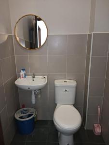 a bathroom with a toilet and a sink and a mirror at Santai Homestay PD in Port Dickson