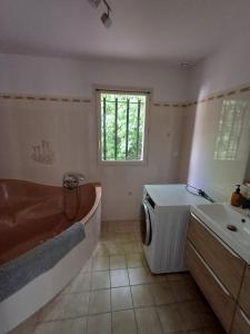 a bathroom with a tub and a washing machine and a sink at La Ballière, un havre de douceur et de prestige in Coullons