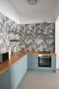 una cucina con mobili blu e carta da parati di Appartamento 1m a Fiumaretta di Ameglia