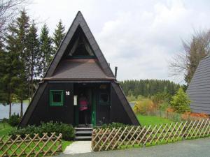 a small black house with a triangular roof at Ferienhaus für 5 Personen mit Garten in Clausthal-Zellerfeld +12 photos