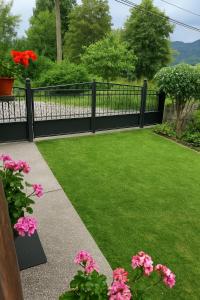 a garden with a black fence and green grass at Casa Axente in Baia-Sprie