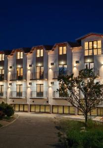 a large white building with windows at night at Vila Aleksandar in Orašac +24 photos