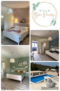 a collage of pictures of a bedroom and a pool at Villa Blue Paradise Relax con piscina a pochi minuti da Cagliari e dal mare in Cagliari
