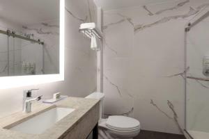 a bathroom with a sink and a toilet and a shower at Ramada by Wyndham Brooklyn Empire Blvd in Brooklyn +23 photos