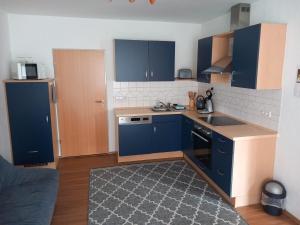 a kitchen with blue cabinets and a stove top oven at Pension Ochsen, Ferienwohnungen in Löffingen