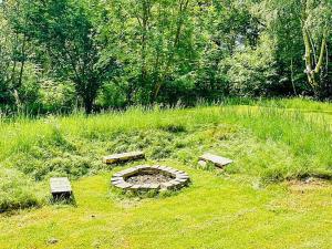 a fire pit in a field with two benches at 4 person holiday home in Frederiksværk in Frederiksværk