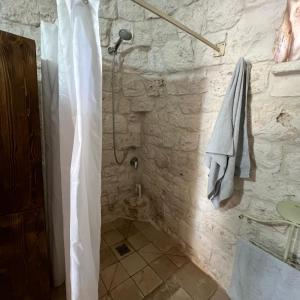 a bathroom with a shower in a stone wall at Trullo Incanto in Ostuni +18 photos