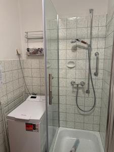 une salle de bain avec une douche, un lavabo et une baignoire dans l'établissement Wohlfühlen bei Tobi, à Gelsenkirchen 4 autres photos
