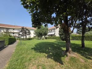a tree in the grass next to a building at Appartamento Brixia in Brescia