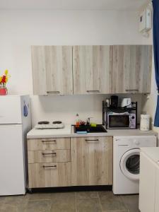 a kitchen with a white refrigerator and a washing machine at da Paola monolocale in Osoppo +8 photos