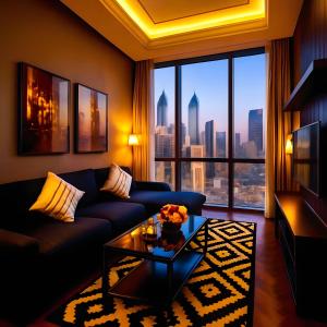 a living room with a couch and a large window at Safari Kuwait Hotel Apartments in Kuwait