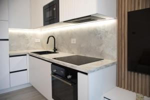 a kitchen with a sink and a microwave at The Three Diamonds - B&B CESENATICO in Cesenatico