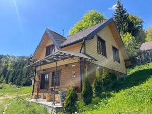a wooden house on a hill in a field at Панорама Маґура 2к in Tatariv