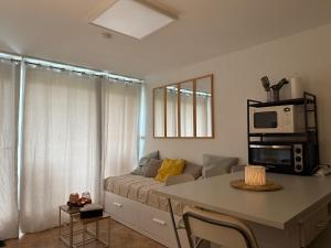 Una sala de estar con un sofá y un microondas. en Studio cosy avec terrasse & vue sur pistes, en Gérardmer 13 fotos más