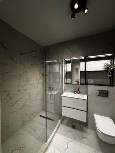 a bathroom with a toilet and a sink and a shower at Apartament Modern Urban Space - FREE Parking in Voluntari +24 photos