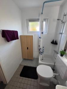 a white bathroom with a toilet and a shower at MeLou FeWo NaturQuartier Wellness in Bad Lauterberg