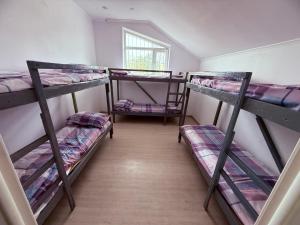 ビシュケクにあるSun City Hostelの窓のある部屋に二段ベッドが3つある +20枚の写真