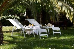 2 chaises blanches et une table dans l'herbe dans l'établissement Grand Hotel, à Dax