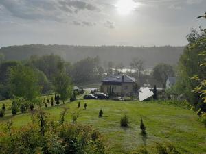 a grassy field with a house in the background at Agroturystyka u Krystyny in Rybczewice