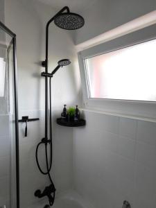 a shower stall in a bathroom with a window at MeLou Fewo Harzruhe Wellness in Bad Lauterberg +29 photos