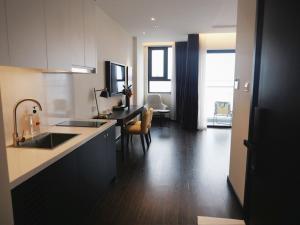 Hạ Long Sapphire Premium في ها لونغ: مطبخ مع حوض وطاولة عمل