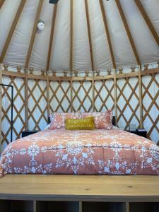 a bed in a yurt with a pillow on a bench at Mountain Aire Cottages, Inn, & Glamping in Clayton