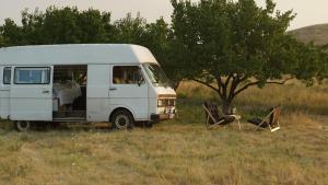 Una camioneta blanca estacionada en un campo junto a un árbol. en Ratlook bus Banya, 