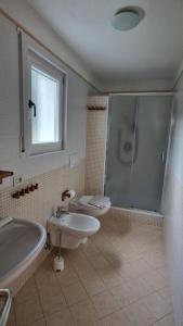 a bathroom with a shower and a sink and a toilet at Ciasa Rungger in San Martino in Badia