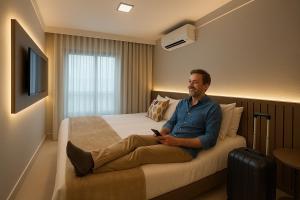 a man sitting on a bed in a hotel room at Flat Praia do Canto 2Q-2B Long Stay TRIÂNGULO DAS BERMUDAS in Vitória