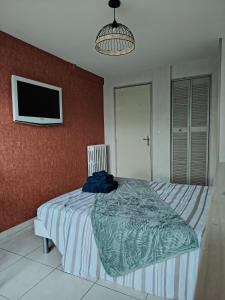 a bedroom with a bed and a tv on a wall at Chez Pam et David in Saint-Maixent-lʼÉcole